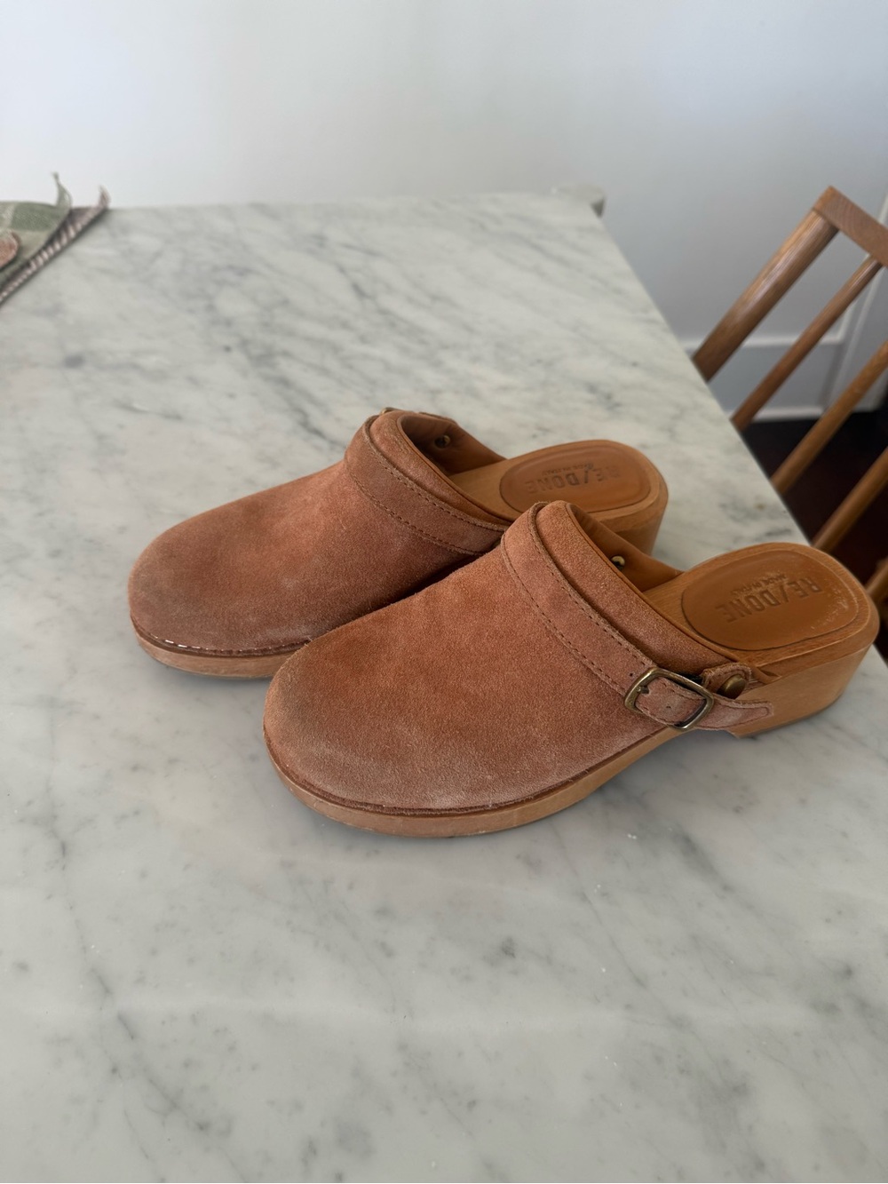 Re/Done Cognac Suede Clog Mules with Buckle - Picture 3 of 4